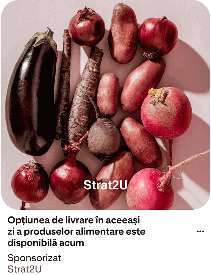 Pe o masă se află o varietate de fructe și legume. Este afișată o descriere „Opțiunea de livrare în aceeași zi a produselor alimentare este disponibilă acum.”