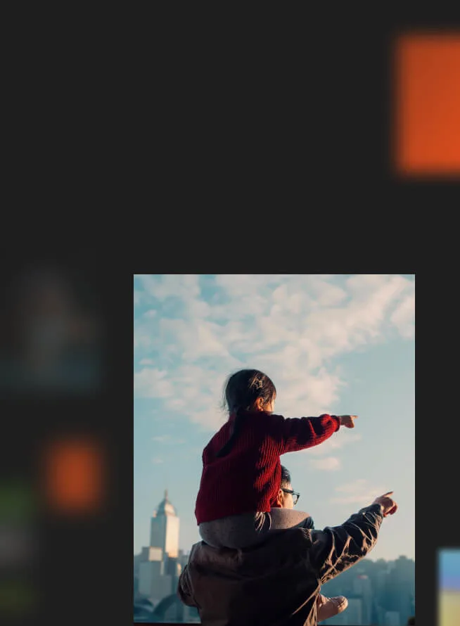 Collection of images. Focused image shows child sitting on father's shoulders. Both pointing ahead.