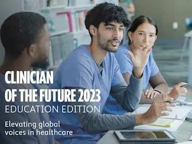 Clinician of the future education edition. Students gather in library and discuss medical project
