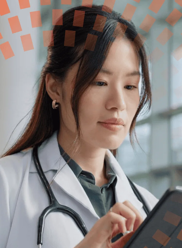 Doctor researching on tablet for medical results
