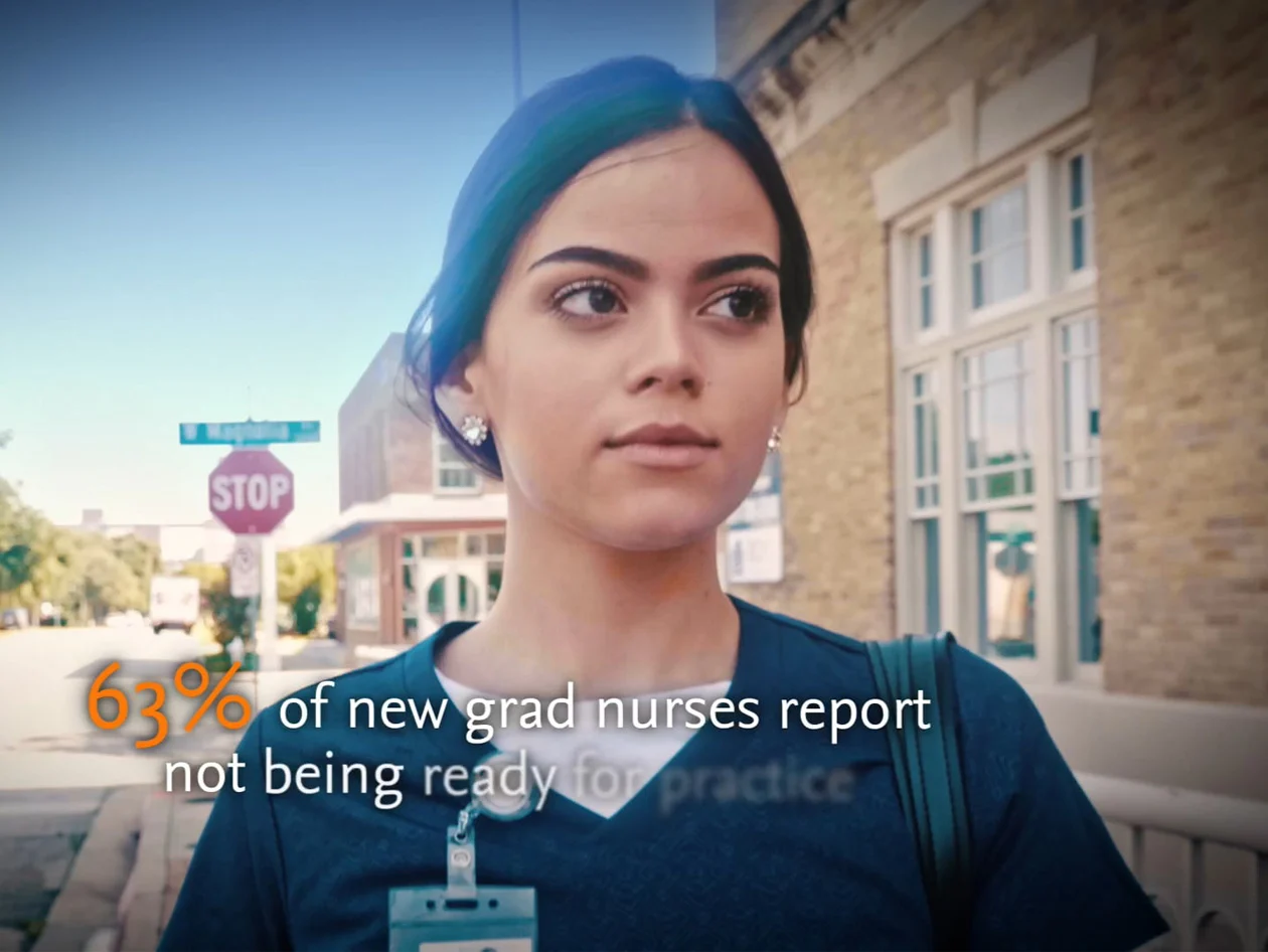 Young female nurse walking down the street. Statistic over the image says "63% of new grad nurses report not being ready for practice."