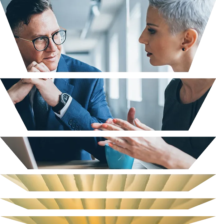 Academic leaders having a discussion above an abstract light orange image