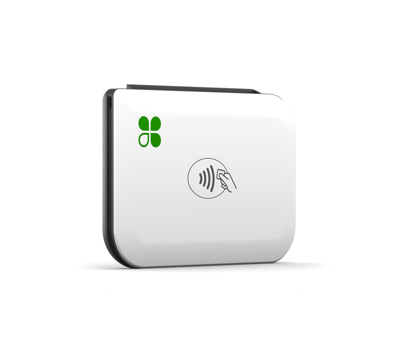 Clover Go reader placed at a right angle showing the contactless icon and the clover logo.