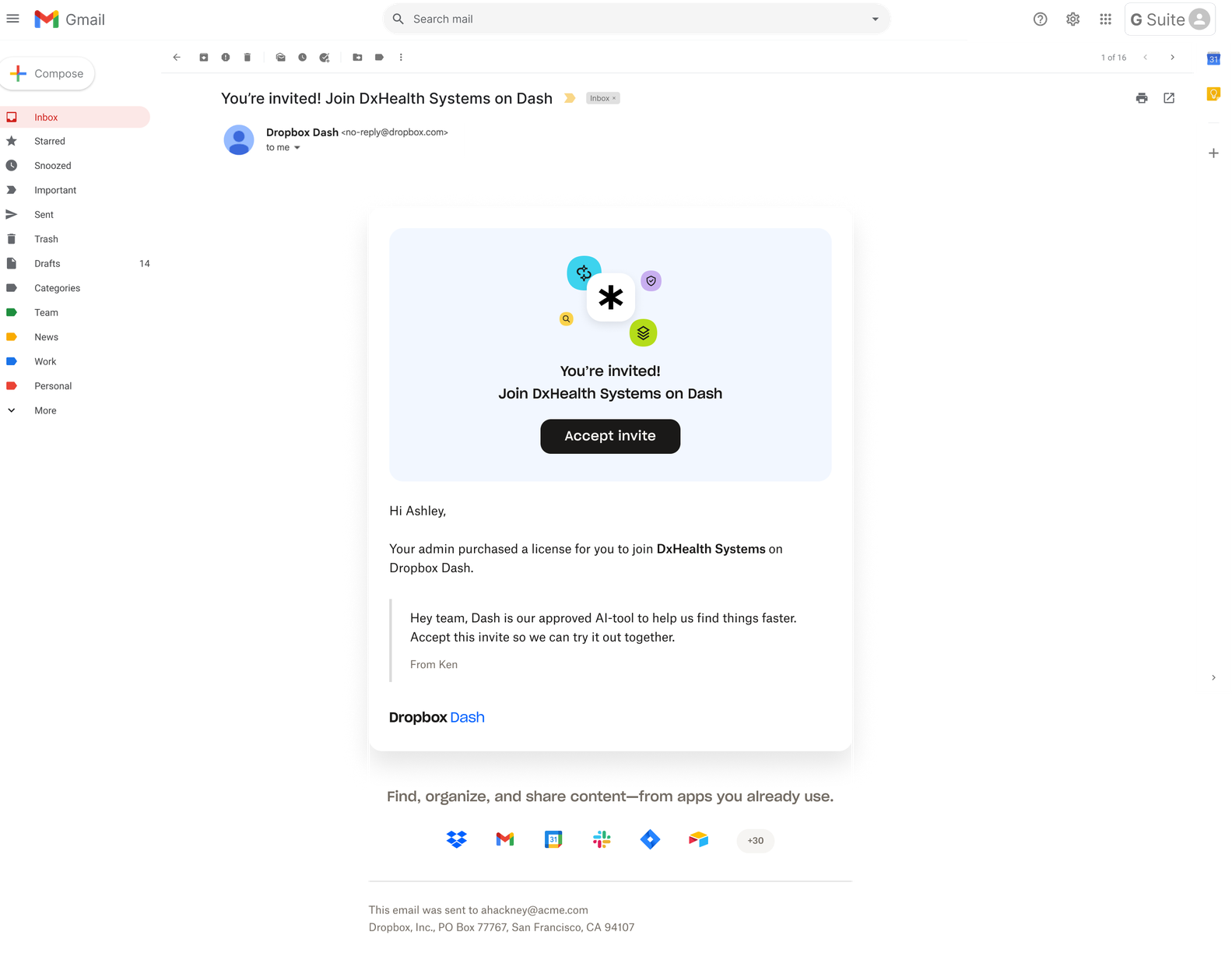 Dash Team Member QSG - Receiving your invite to Dropbox Dash - image 1